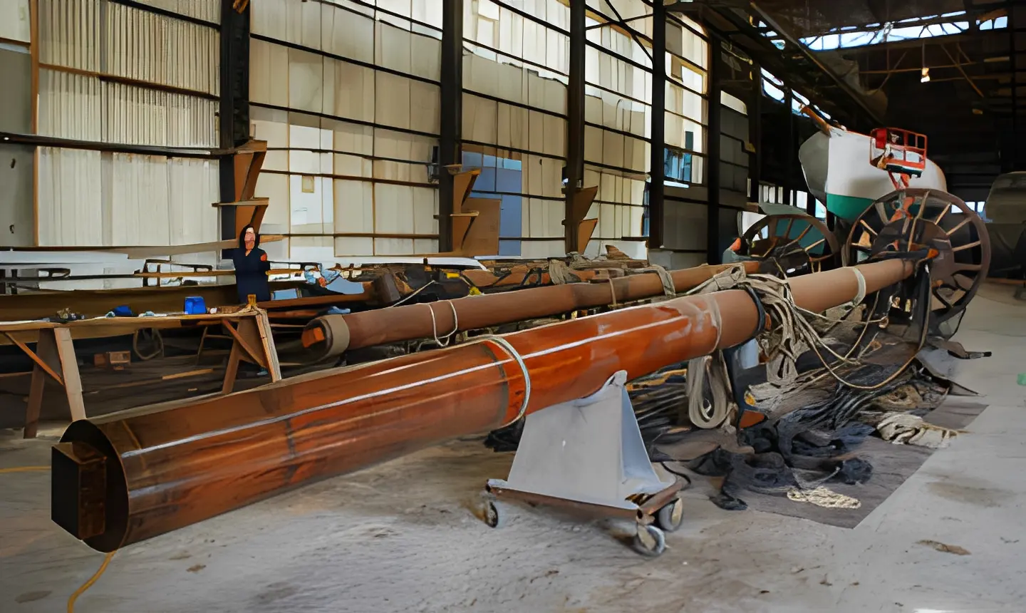 Large ship mast in workshop