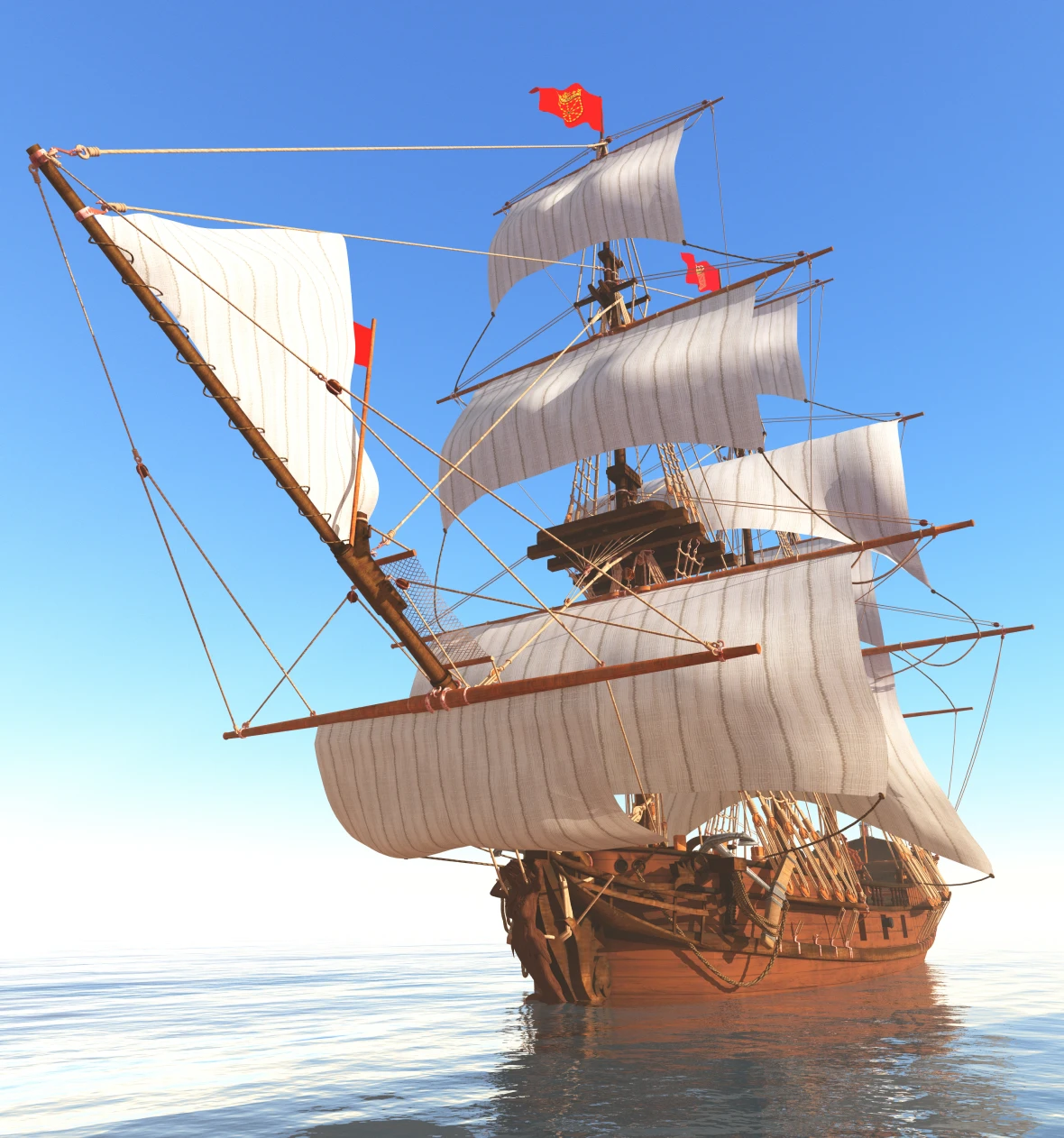 Vintage wooden ship against blue sky