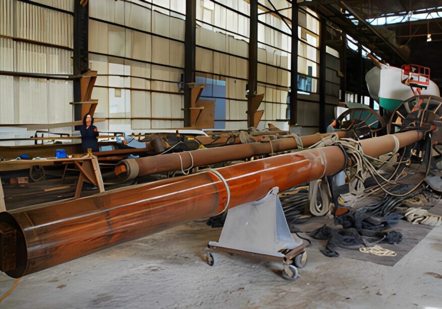 Large ship mast in workshop