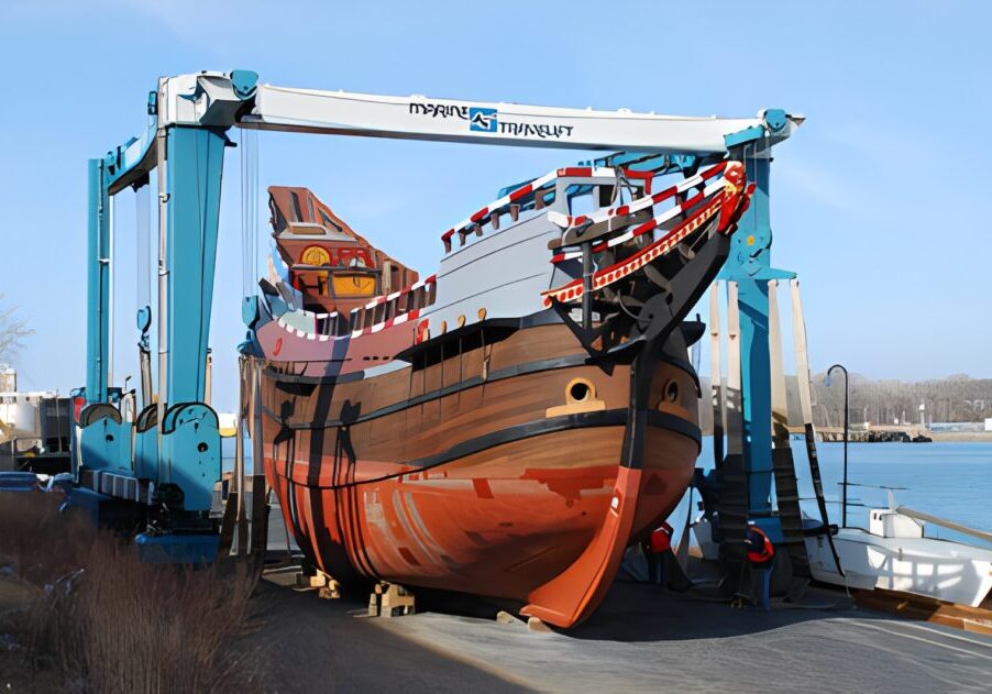 Colorful ship being repaired